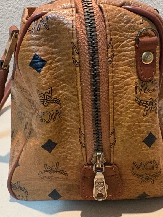 MCM Cognac Coated Canvas Satchel with Black Monogram and Gold Hardware